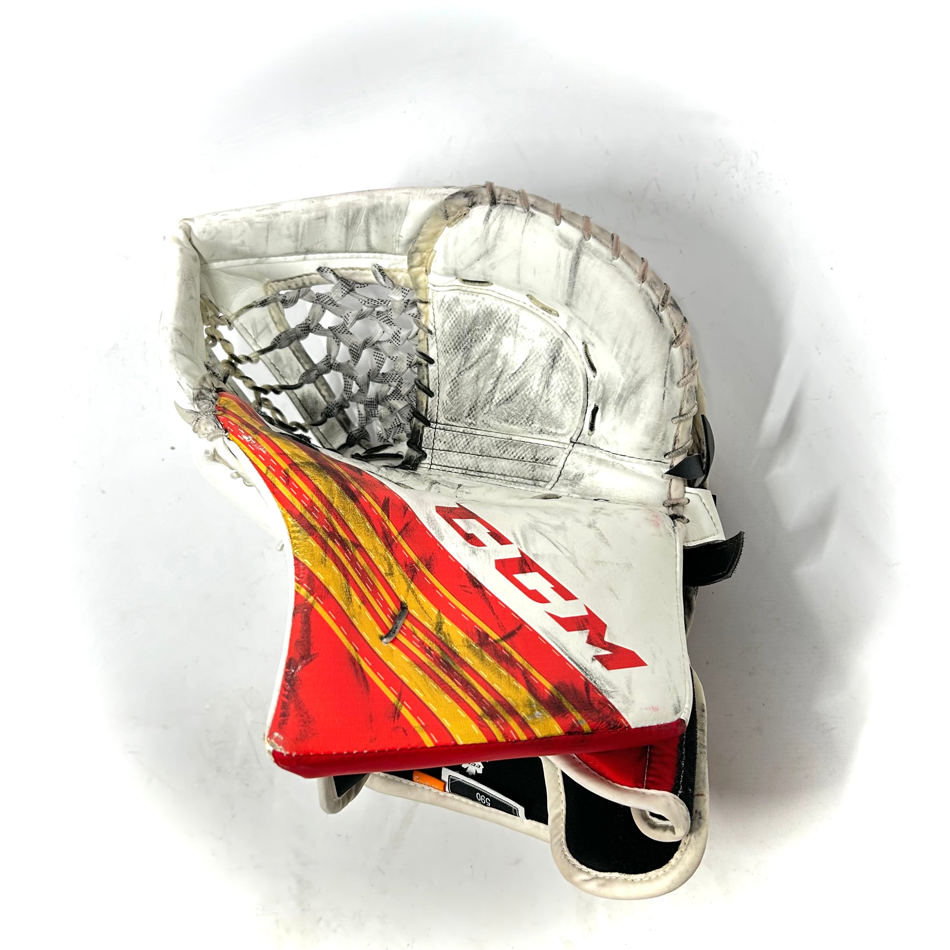 CCM Extreme Flex 5 - Gant de gardien de but CHL Pro Stock d'occasion (blanc/rouge/jaune) - V2